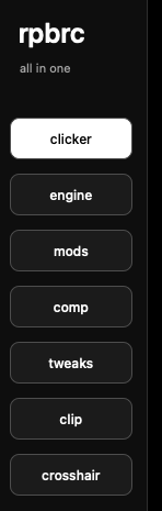 The RPBRC all-in-one app menu, with Clicker, Engine, Mods, Comp, Tweaks, Clip, and Crosshair in the same application.